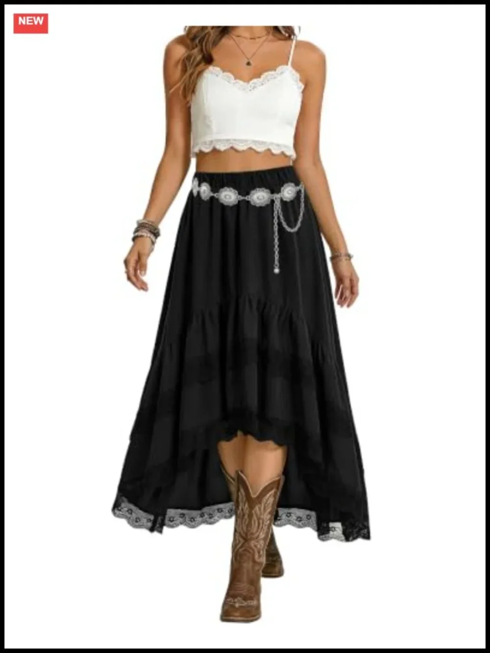 Womens Western Boho High Waist Lace Trim Skirt Asymmetrical Tiered Cowgirl Midi